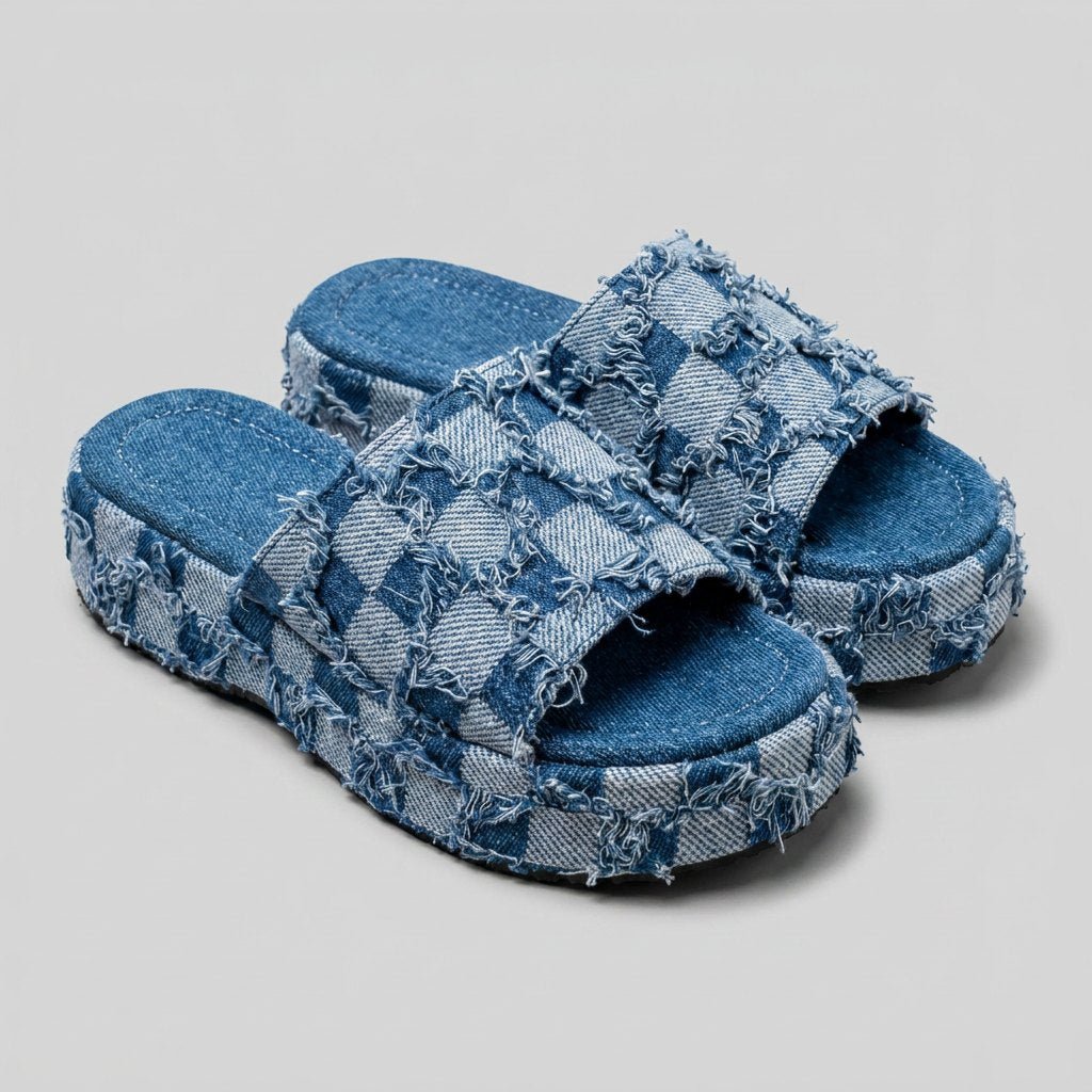 Riley | Denim Slides Organic Cotton, Checkerboard Pattern