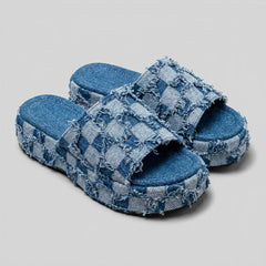 Riley | Denim Slides Organic Cotton, Checkerboard Pattern