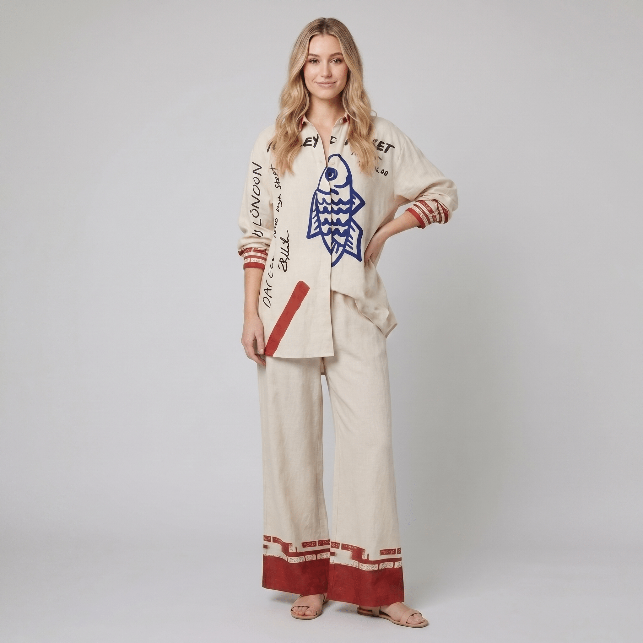 Rounelle Linen Set | Lightweight, Relaxed Fit with Blue Fish Print