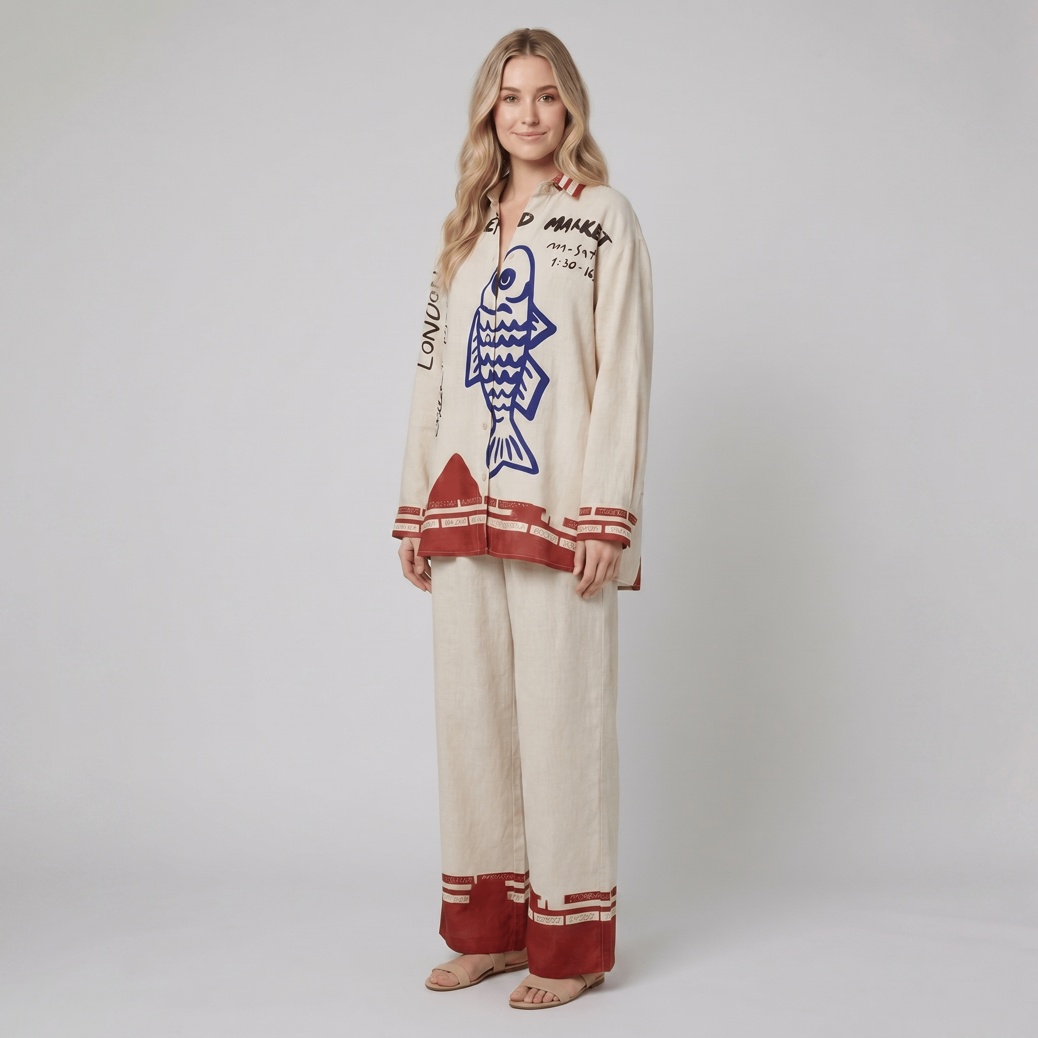 Rounelle Linen Set | Lightweight, Relaxed Fit with Blue Fish Print