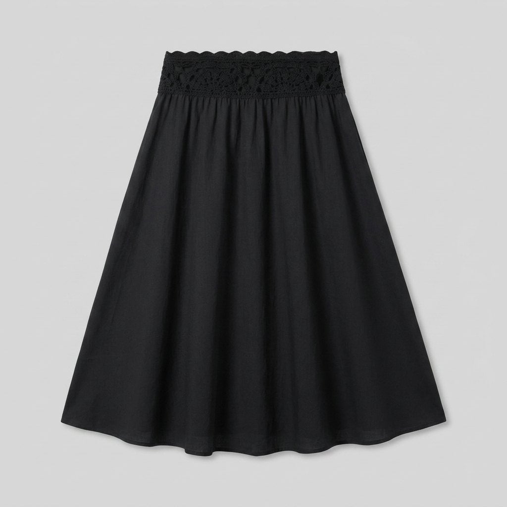 Sable Midi Skirt | Lightweight Cotton Poplin, Crochet Waistband