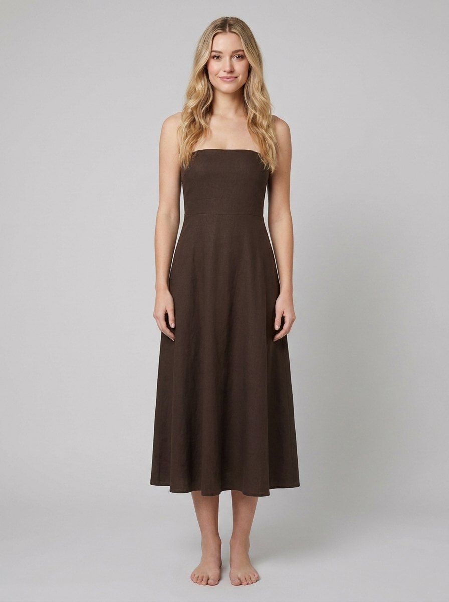 Sable Strapless Dress | Stretch Linen, Dark Brown Summer Dress for Women