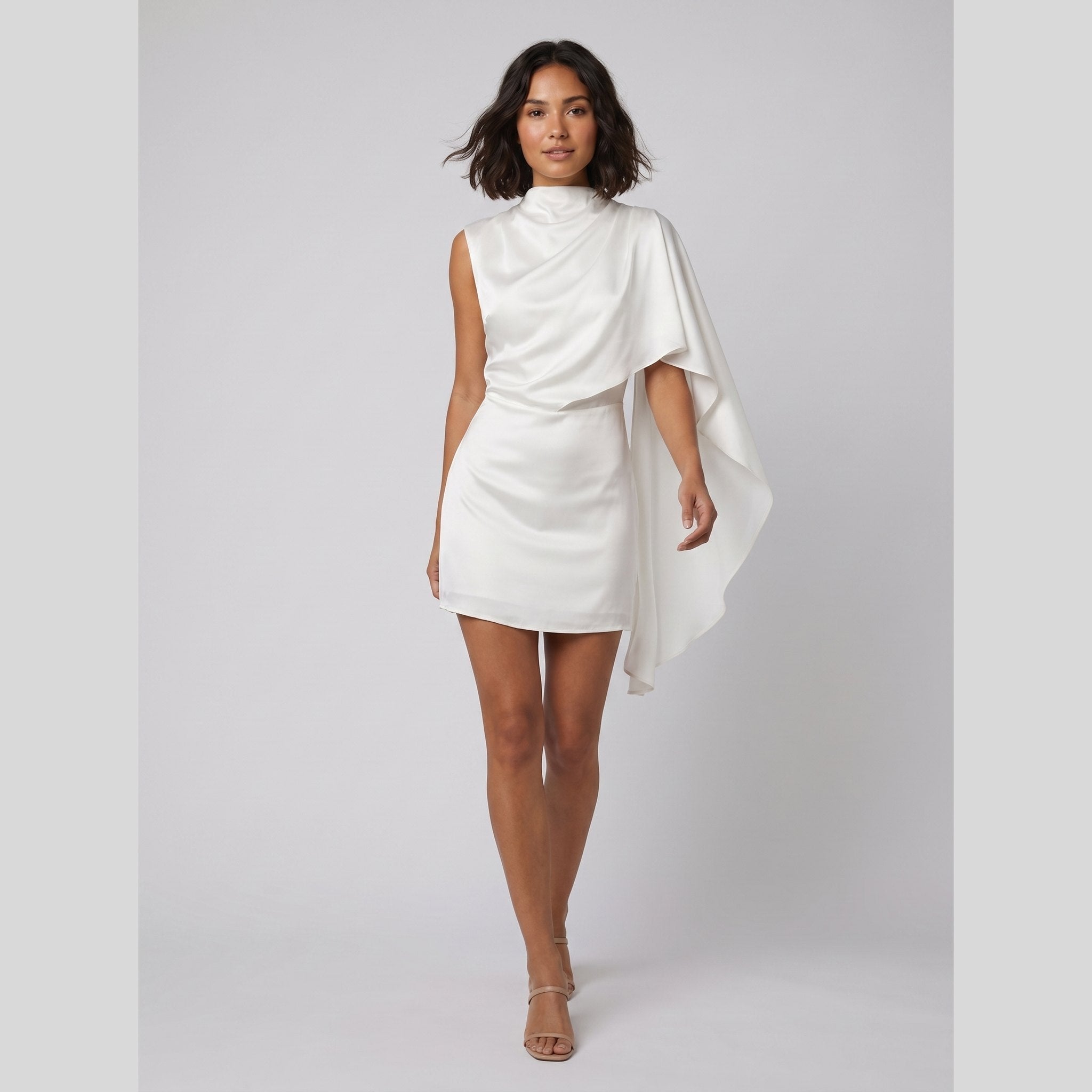 Sari | Asymmetrical Mini Dress Satin, Ruched Design, Zipper Closure