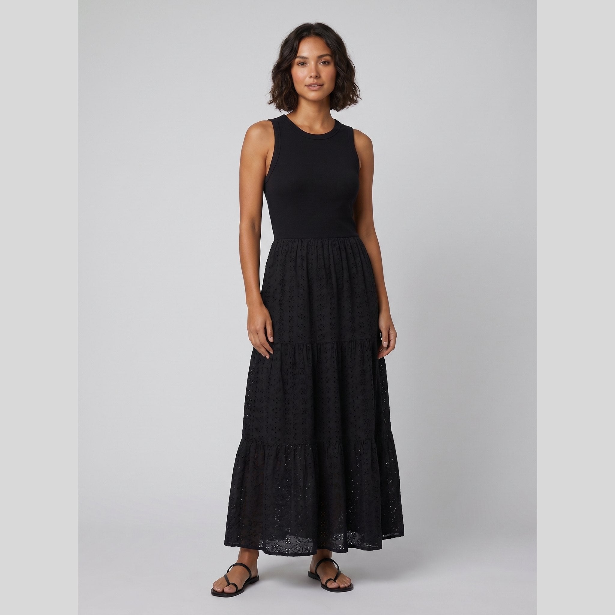 Sera | Maxi Dress Sleeveless, Soft Ribbed Bodice, Eyelet Lace