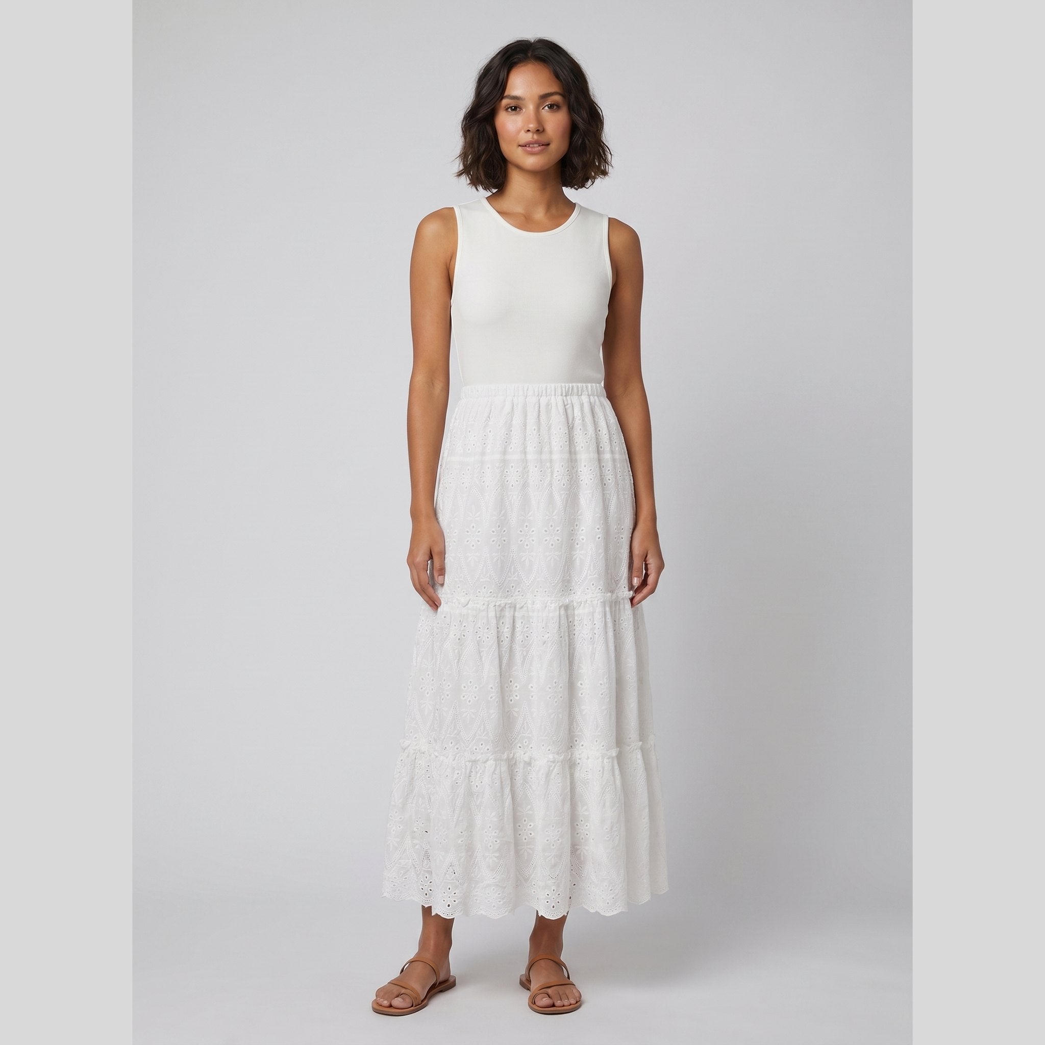 Sera | Maxi Dress Sleeveless, Soft Ribbed Bodice, Eyelet Lace