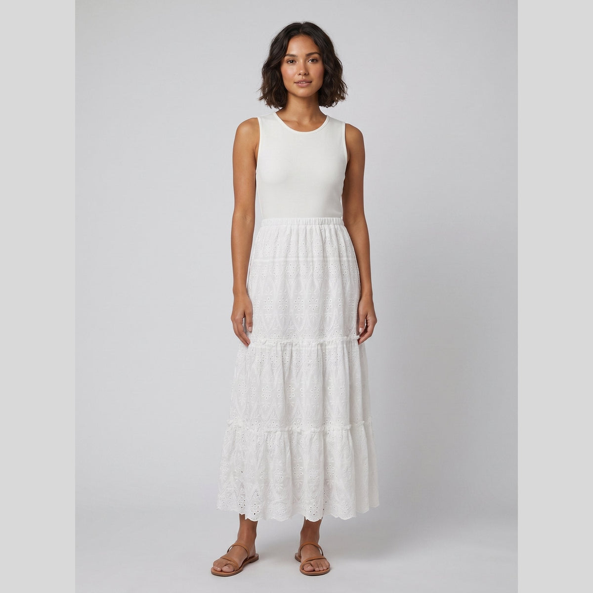 Sera | Maxi Dress Sleeveless, Soft Ribbed Bodice, Eyelet Lace